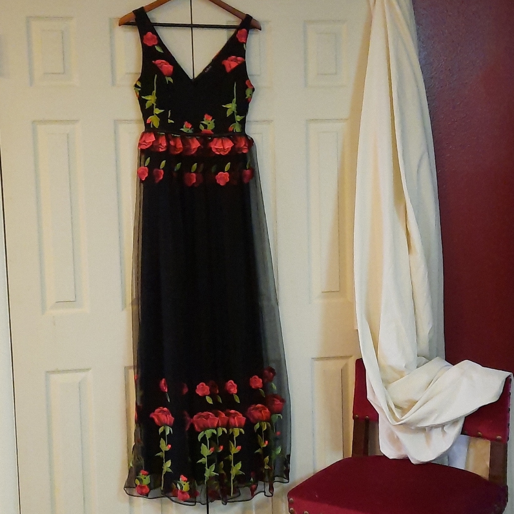 Black Formal Gown with Embroidered Roses